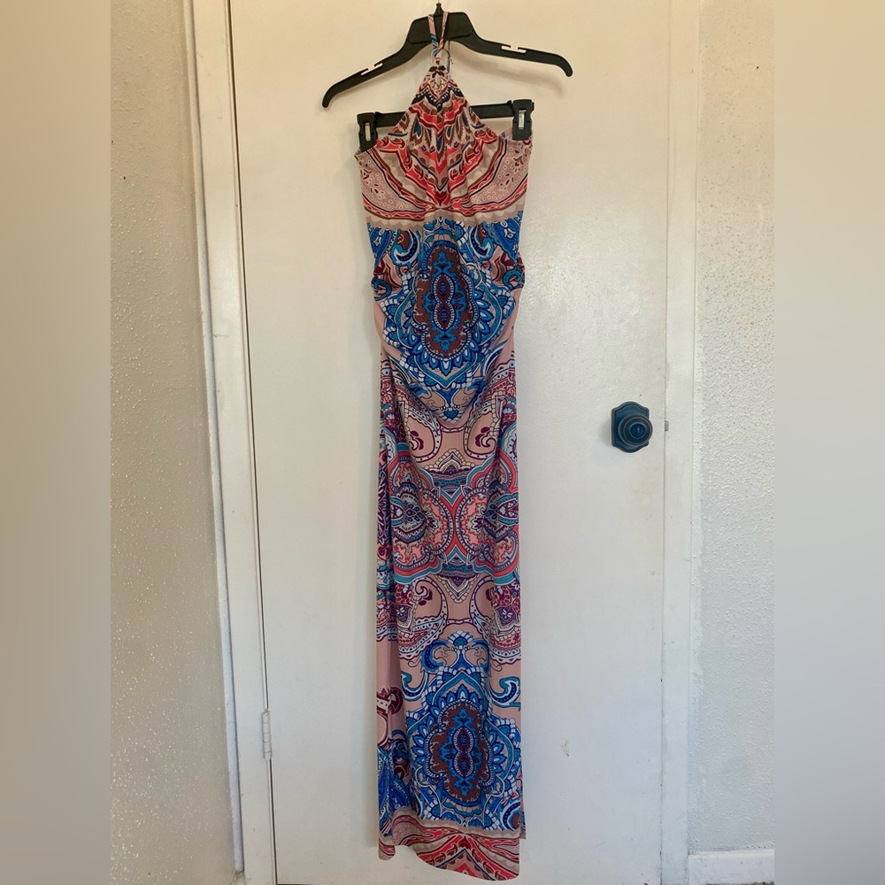 Venus Maxi sundress with pink and blue floral design, tie around neck